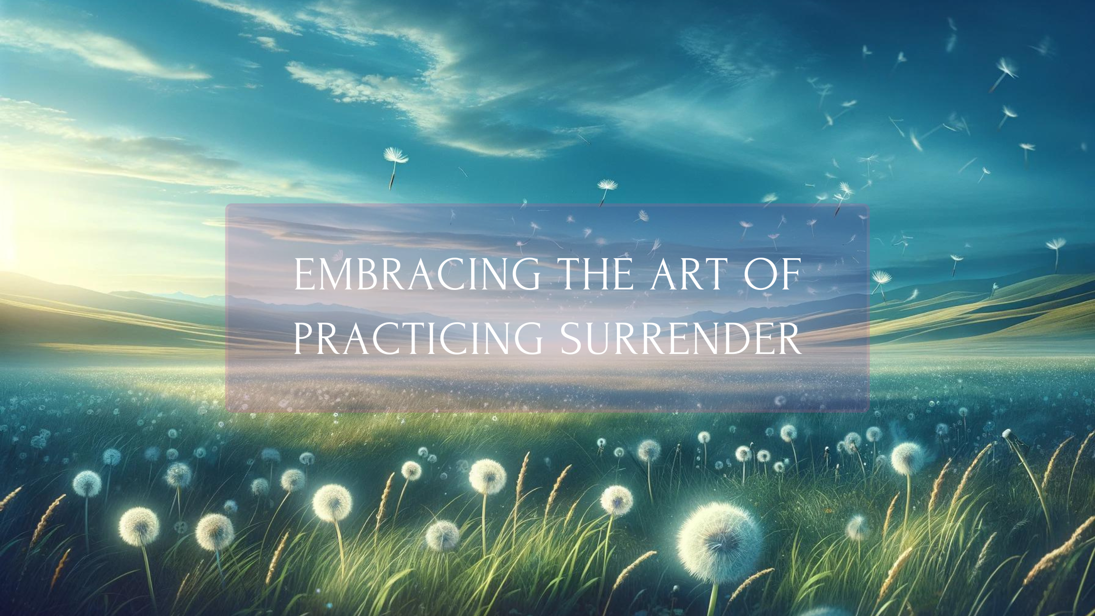 Serene landscape with dandelion seeds floating in the wind, embodying the practice of surrender.